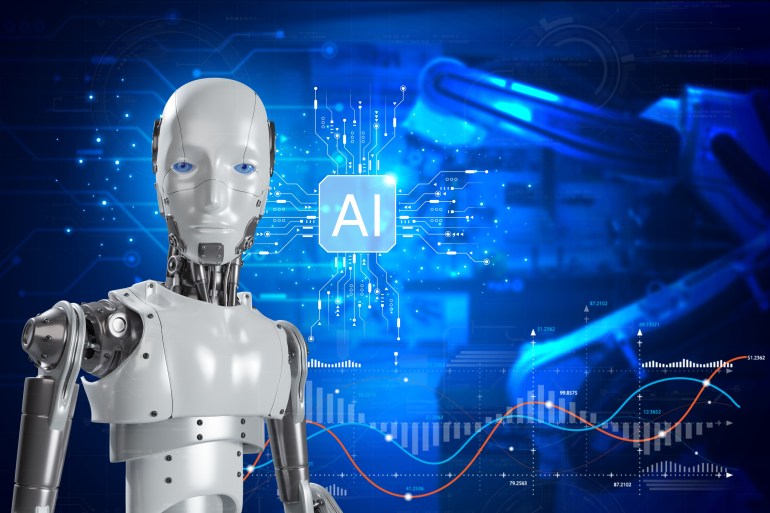 Intelligence Artificielle. Robot technologique intelligent, intelligence artificielle en entrant une commande pour générer quelque chose, transformation technologique futuriste ; Crédit : Shutterstock ID 2284318457