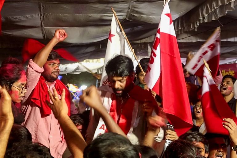 Dhananjay, fist raised, after winning the president's post in the JNU Students Union elections [Courtesy of Harshit Singh Chauhan]