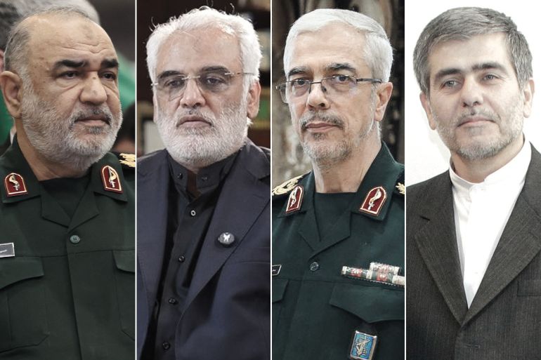 حسين سلامي قائد الحرس الثوري الإيراني محمد باقري رئيس هيئة الأركان فريدون عباسي العالم النووي رئيس جامعة آزاد الإسلامية محمد مهدي طهرانجي