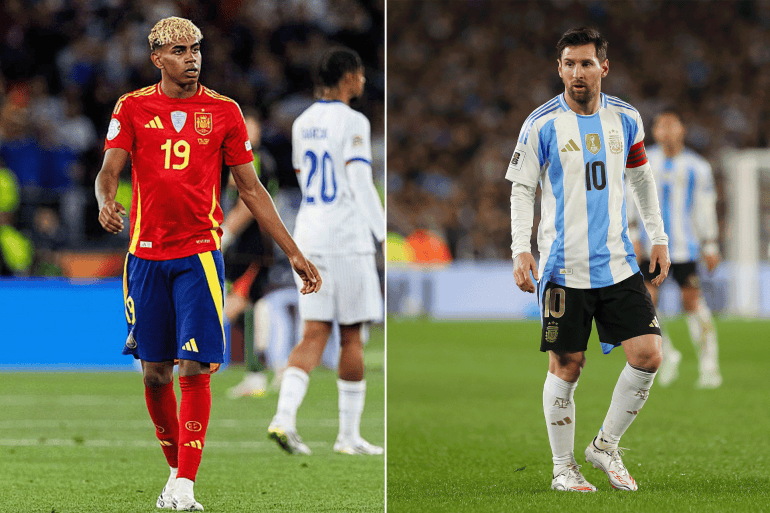 كومبو: من اليمين ميسي بقميص منتخب الأرجنتين ثم لامين جمال بقميص منتخب إسبانيا