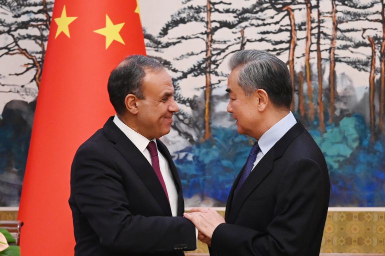 BEIJING, CHINA - DECEMBER 13: Egyptian Foreign Minister Badr Abdelatty (L) and Chinese Foreign Minister Wang Yi shake hands after a joint briefing in Beijing's Diaoyutai State Guesthouse on December 13, 2024 in Beijing, China. (Photo by Greg Baker - Pool/Getty Images)