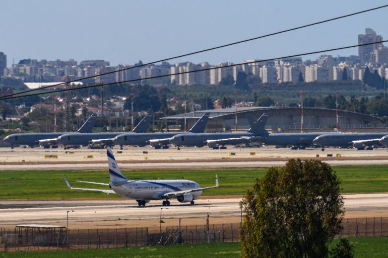 TEL AVIV, ISRAEL - MARCH 08: An El Al plane is seen on the runway taxing before takeoff with multiple U.S. Air Force refueling tankers in the background on March 08, 2026 in Tel Aviv, Israel. Iran fired waves of missiles at Israel after the United States and Israel launched a joint attack on Iran early on February 28th. Israel's Defense Minister Israel Katz declared a state of emergency, as Israelis braced for the retaliation. (Photo by Alexi J. Rosenfeld/Getty Images)