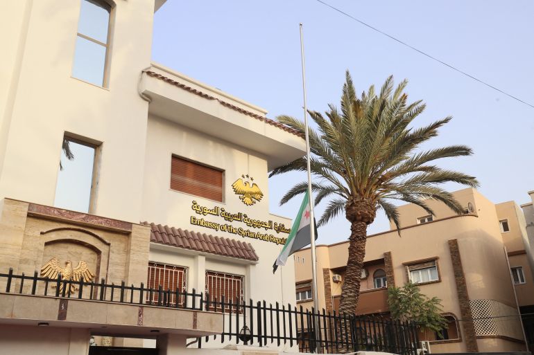 This picture shows a general view of Syria's embassy during its inauguration by Syria's interim foreign minister Asaad Shaibani and Libya's Tripoli-based Government of National Unity (GNU) Foreign Minister Taher al-Baour at Al-Nofleen district in Tripoli on August 30, 2026.