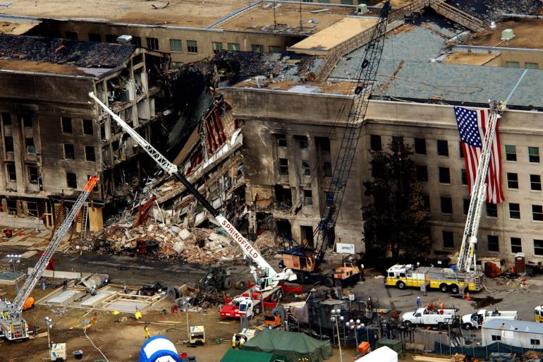Aerial view of Pentagon after terrorists high-jacked a commercial airplane and crashed into the building causing extensive damage. (Photo by Mai/Getty Images)
