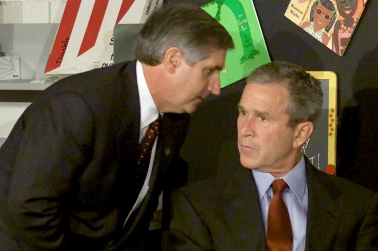 U.S. President George W. Bush listens as White House Chief of Staff Andrew Card informs him of a second plane hitting the World Trade Center while Bush was conducting a reading seminar at the Emma E. Booker Elementary School in Sarasota, Florida in this September 11, 2001 file photo. Al Qaeda leader Osama bin Laden was killed in a mansion outside the Pakistani capital Islamabad, a U.S. source said on Sunday. REUTERS/Win McNamee/Files (UNITED STATES - Tags: POLITICS CONFLICT MILITARY CRIME LAW CIVIL UNREST OBITUARY IMAGES OF THE DAY)