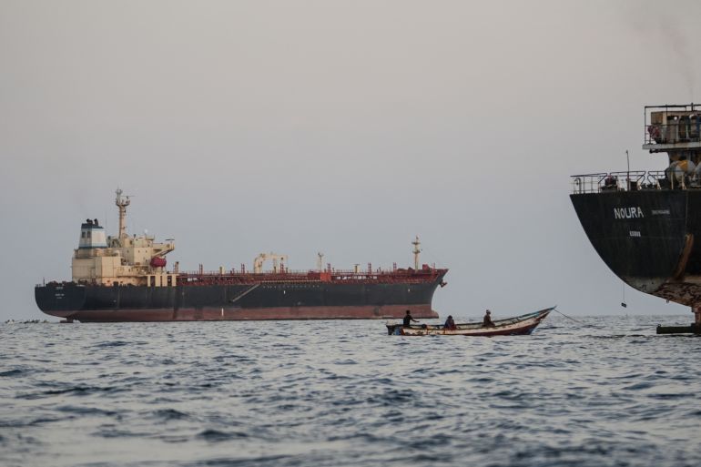Commercial vessels are anchored off Yemen's coast at Bab al-Mandeb, in the straits connecting the Red Sea with the Gulf of Aden and the Indian Ocean on September 12, 2026.