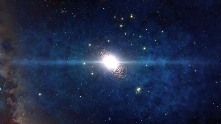 This artist’s impression shows a Population III star that is 300 times more massive than our Sun exploding as a pair-instability supernova — an all-consuming version of a supernova that has yet to be directly observed. New research may have detected the aftermath of one, however, in the clouds surrounding one of the most-distant quasars ever detected.Credit: NOIRLab/NSF/AURA/J. da Silva/M. Zamani/Spaceengine