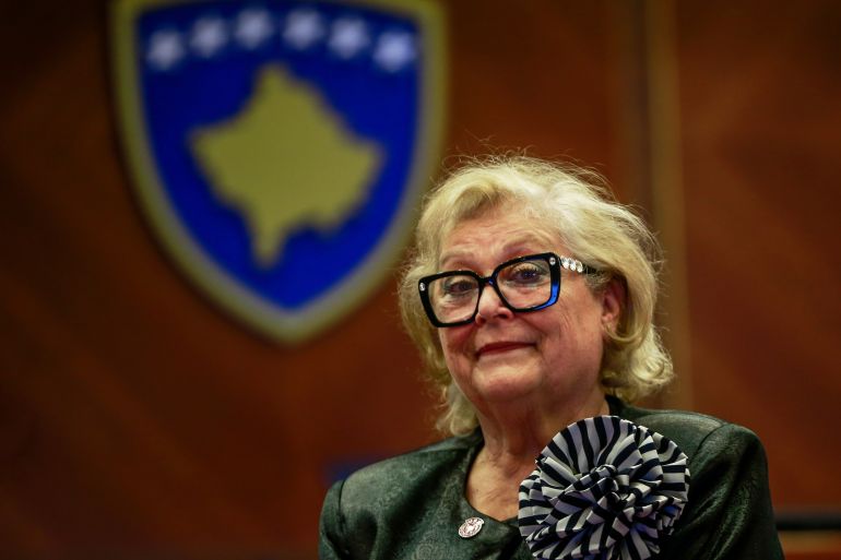 Newly elected Kosovo President Justina Shiroka Pula is seen after she was elected in Kosovo's capital Pristina on Tuesday, Oct. 6, 2026. (AP Photo/Visar Kryeziu)