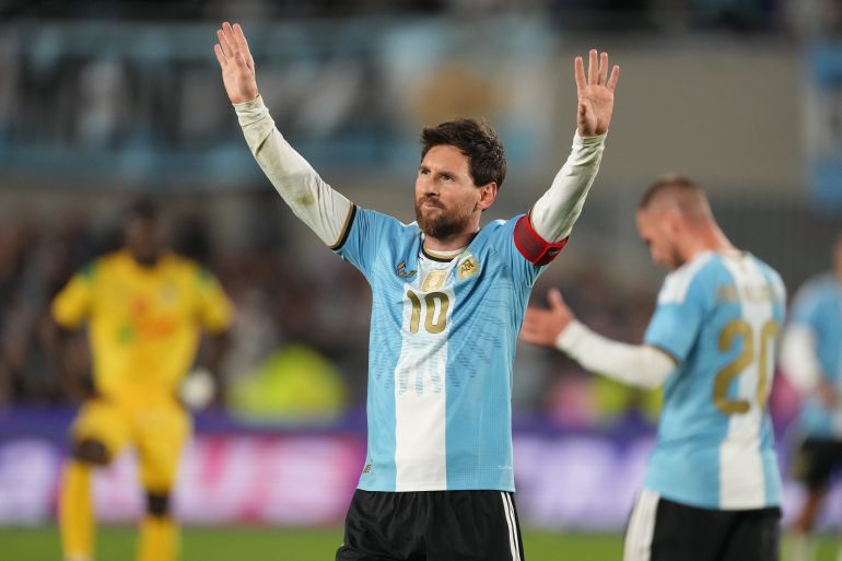Argentina's Lionel Messi celebrates after scoring his third goal from the penalty spot during his final match for the national team, a soccer friendly against Benin, in Buenos Aires, Argentina, Tuesday, Oct.6, 2026. (AP/Photo/Gustavo Garello)