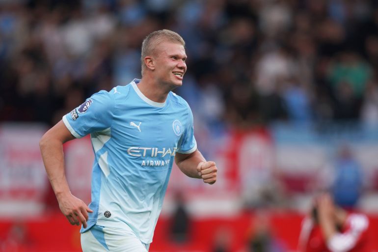 Manchester City's Erling Haaland celebrates after the English Premier League soccer match between Manchester United and Manchester City in Manchester, England, Sunday, Sept. 13, 2026. (AP Photo/Ian Hodgson)